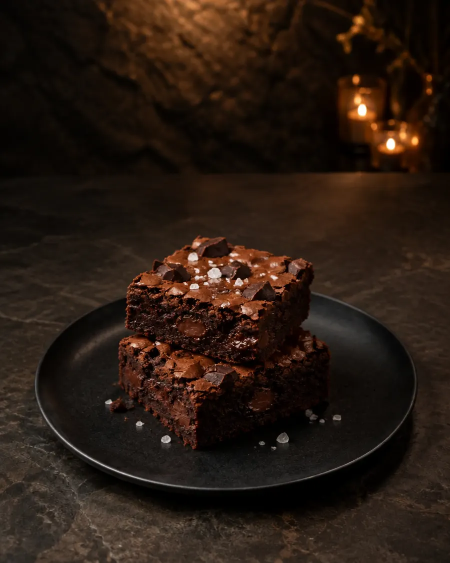 Two stacked brownies with a crackly top and flaky sea salt